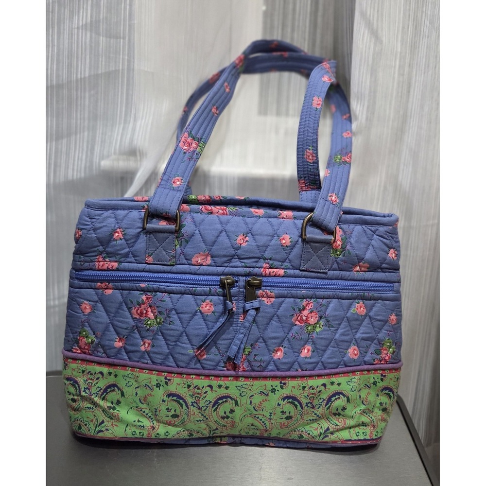TEN BEARS Double Handle Blue/Green‎ Floral Vintage Quilted Purse YKK
